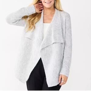 NINE WEST Drapey Rib Cardigan Sweater Open Front Wool Blend Gray Heather Size L